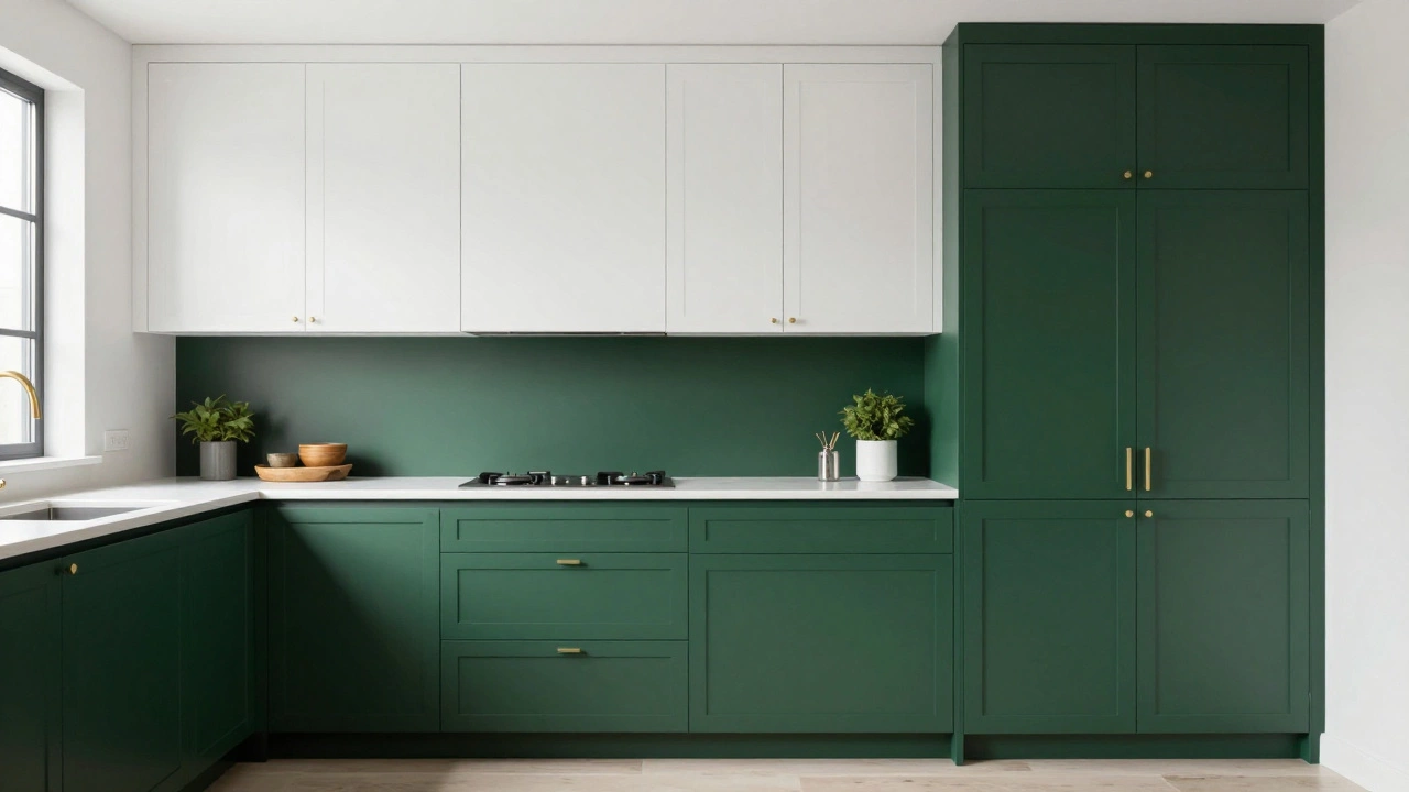 Two-tone kitchen with white upper cabinets and deep forest green base cabinets