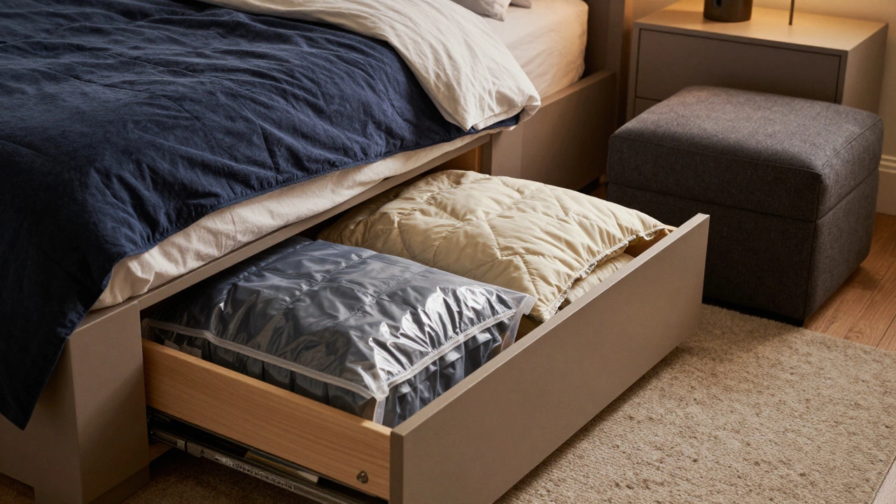Under-bed storage drawers with vacuum-sealed bags and a lift-top ottoman