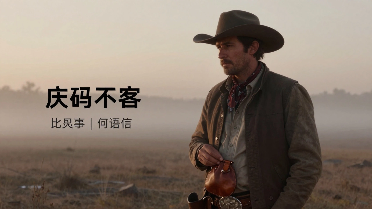 A cowboy holding a leather money pouch in a misty early morning landscape.