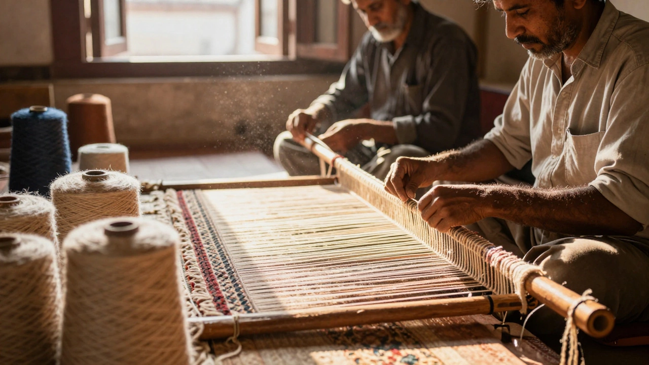 Artisans hand-knotting a luxury wool rug in a sunlit traditional workshop