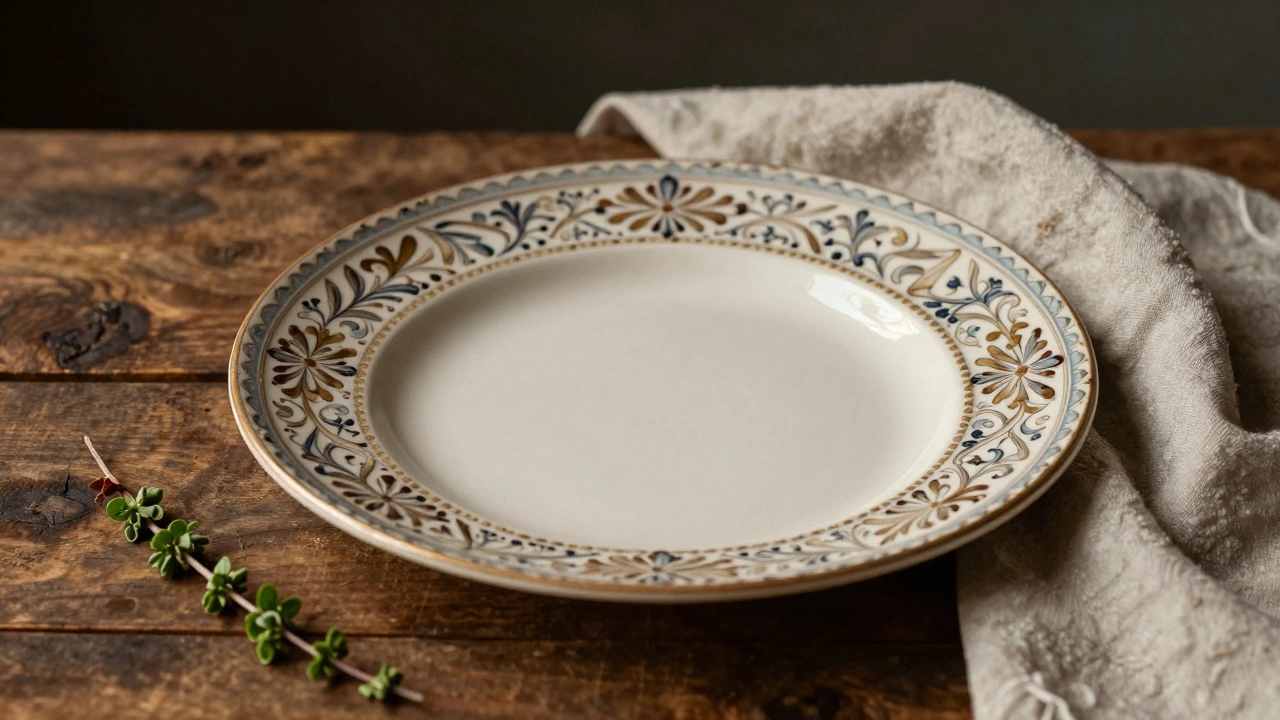 Artistic still life of a hand-painted ceramic soup plate on wood