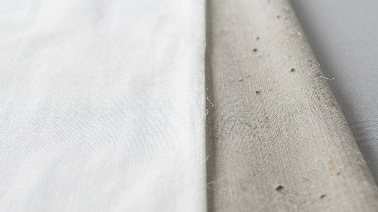 Close-up comparing new linen vs worn pilled fabric