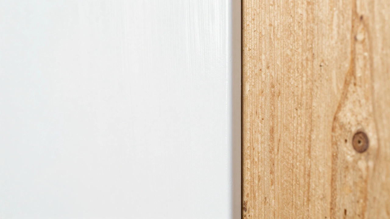 Close-up comparison of smooth painted MDF versus grain-showing painted plywood.