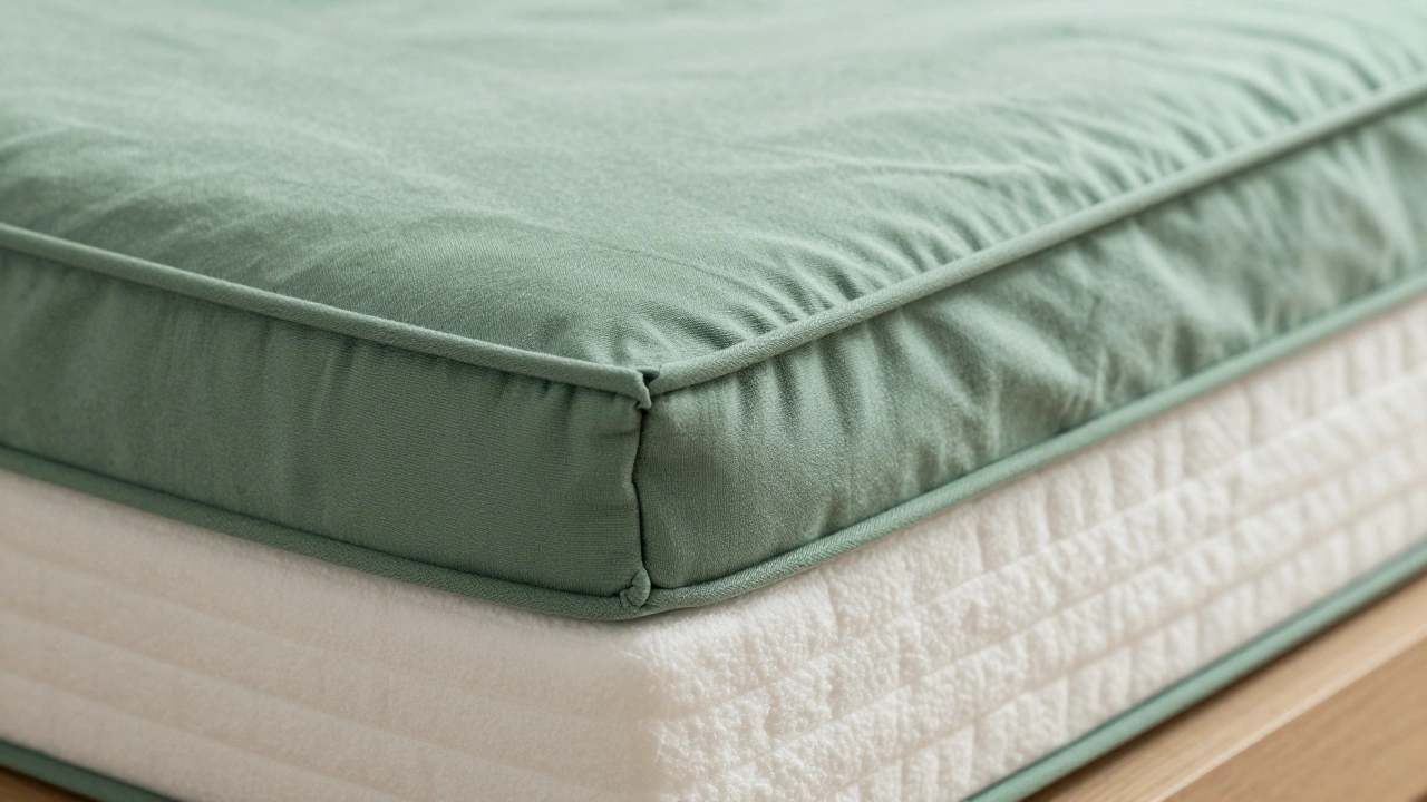 Close-up of a fitted sheet corner securely stretched over a thick mattress edge.