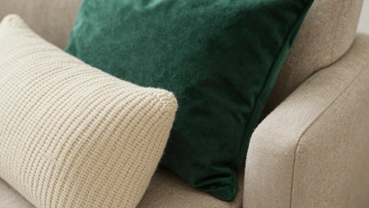 Close up of mixed texture cushions: knit, velvet, and linen