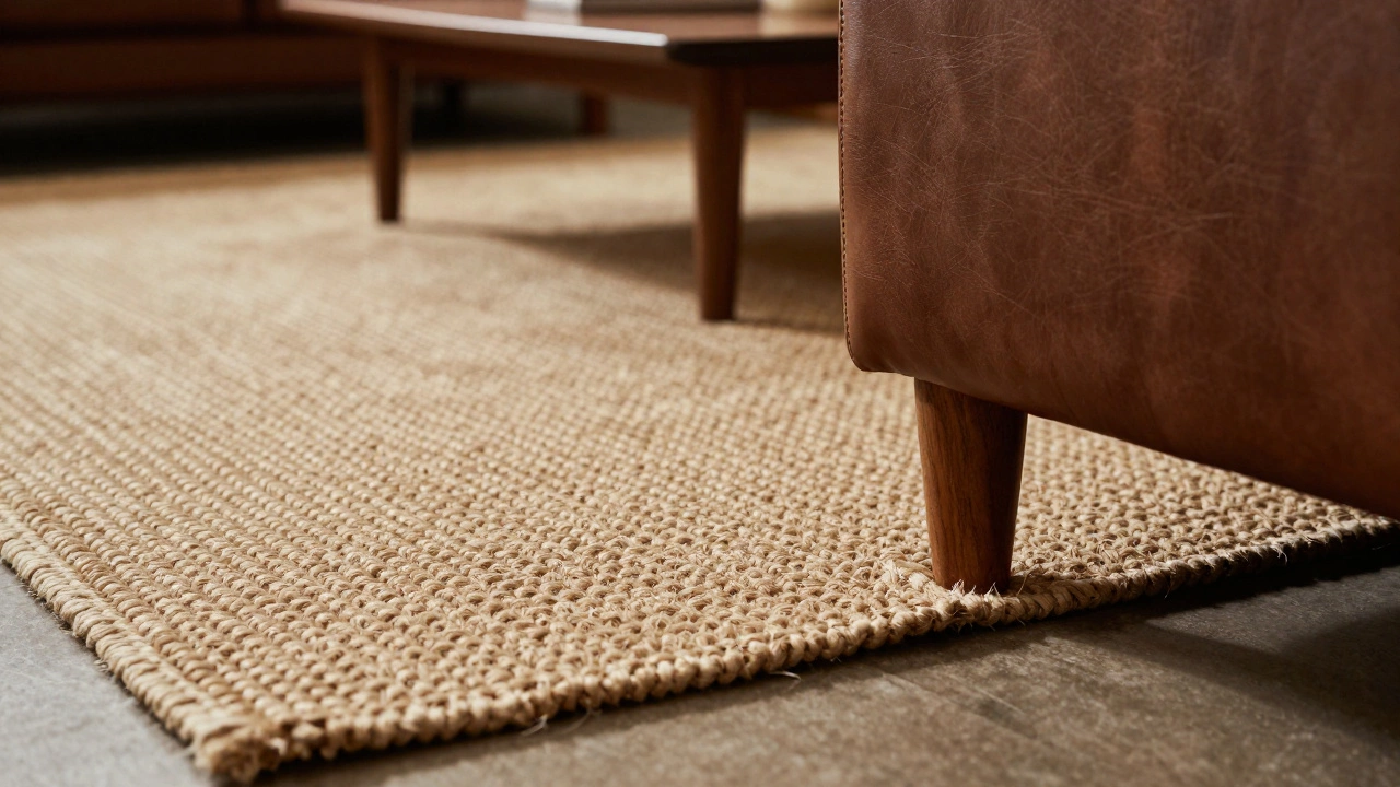 Close up of sofa legs resting on a textured natural fiber area rug