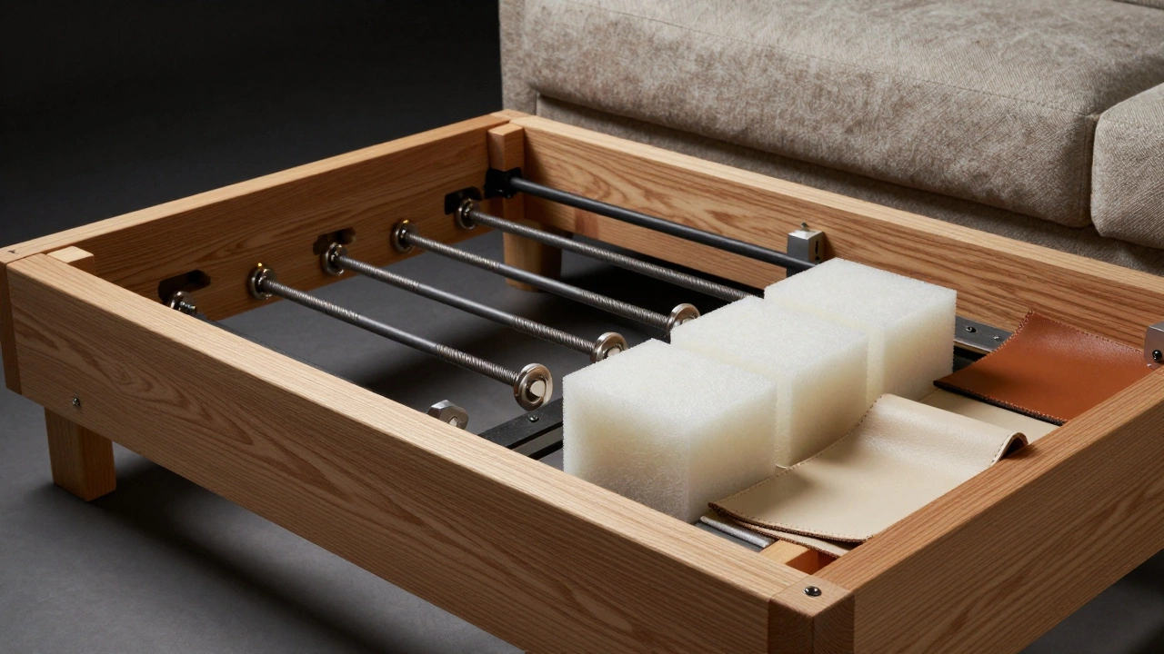 Close-up of solid wood sofa frame, springs, and foam cushions in detail
