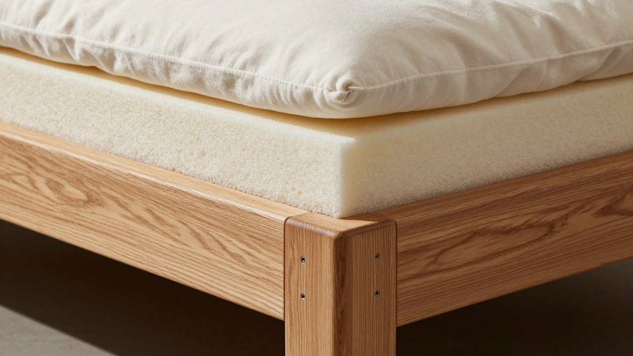 Close-up of sturdy hardwood sofa frame and high-density foam cushions