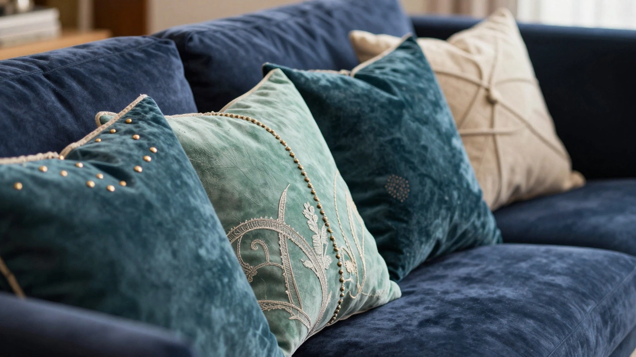 Close-up of textured cushions with buttons, tassels, and embroidery.