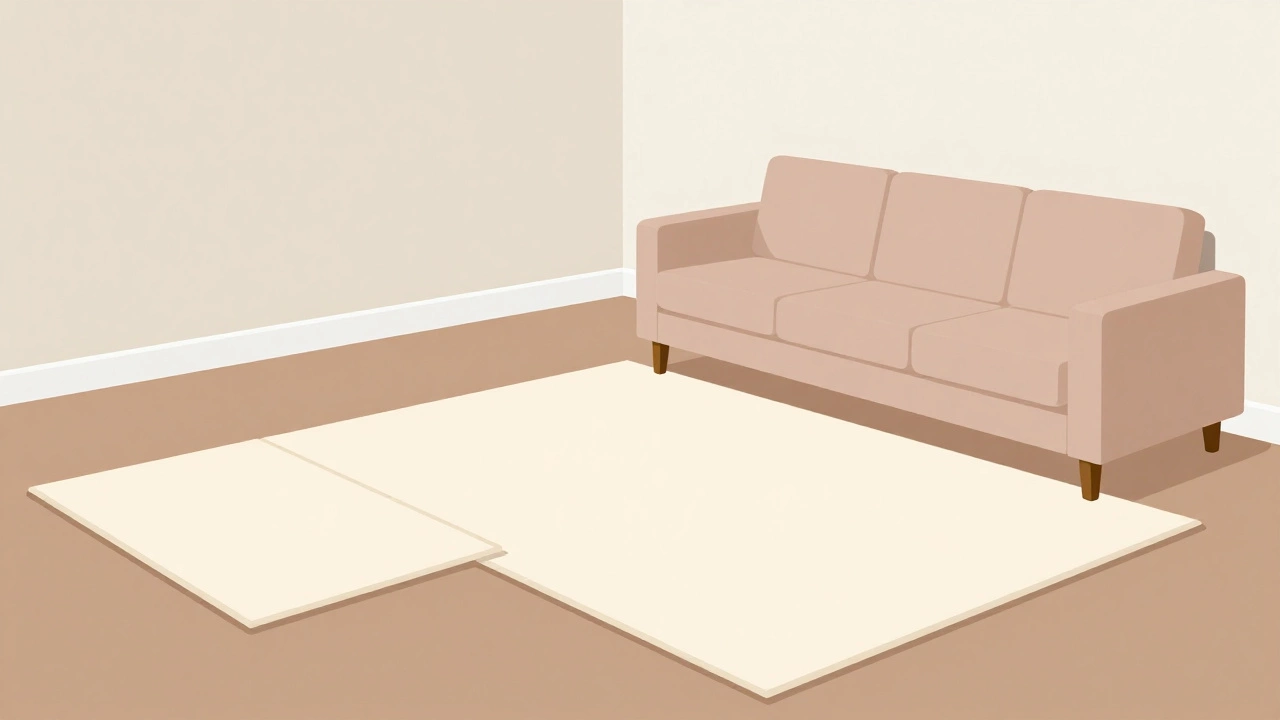 Comparison showing small floating rug versus large grounded rug under sofa