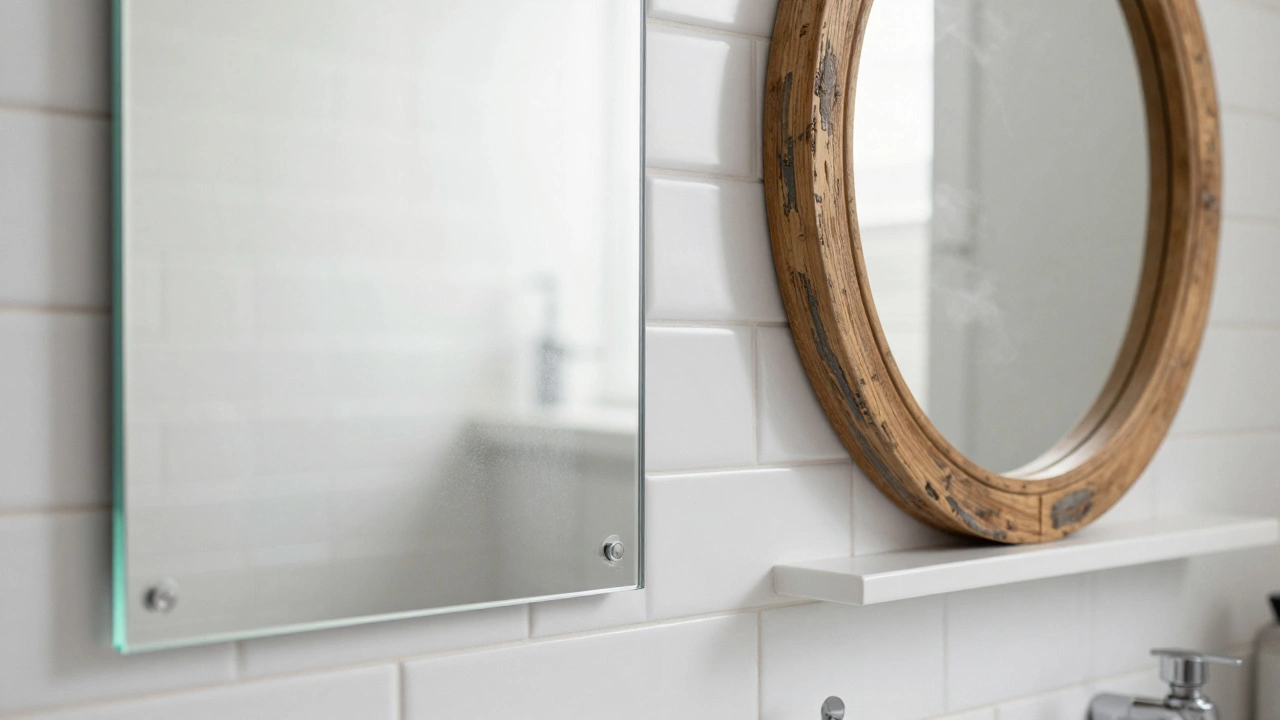 Frameless and wooden framed mirrors in a steamy bathroom