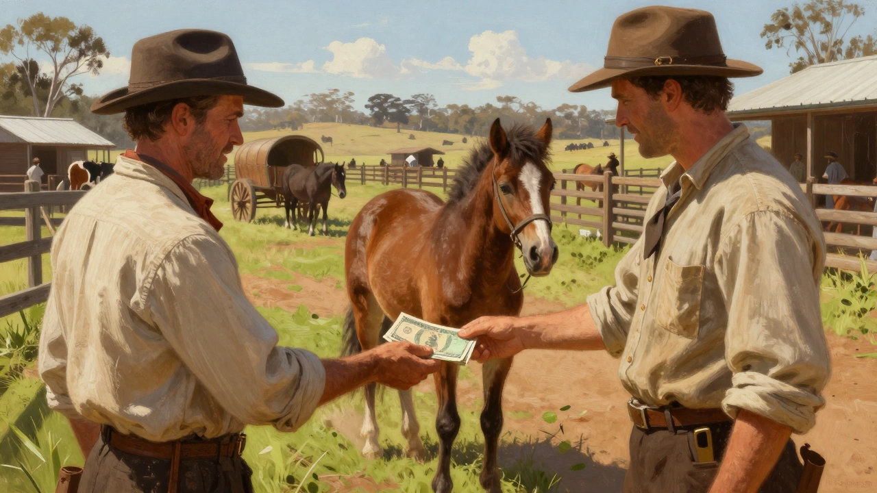 Historical scene of buying a pony with cash at an Australian market
