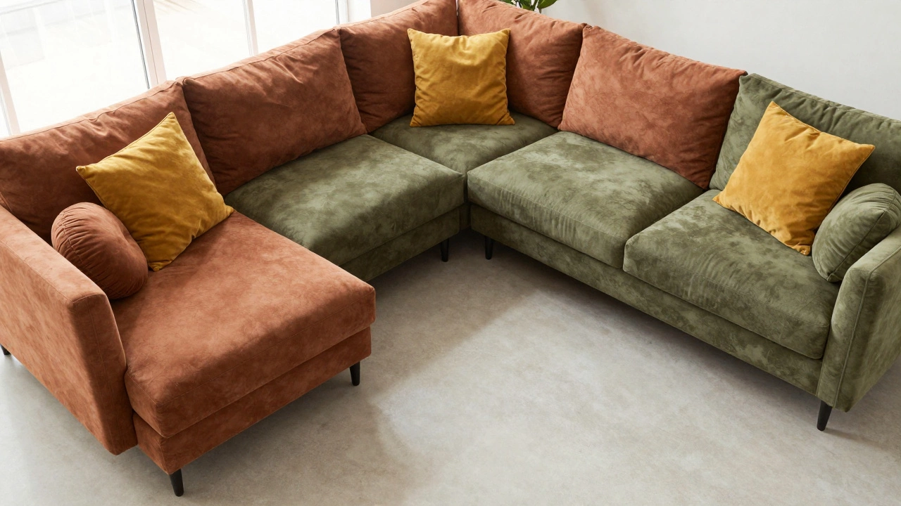 L-shaped sectional styled with varied earth-tone cushions