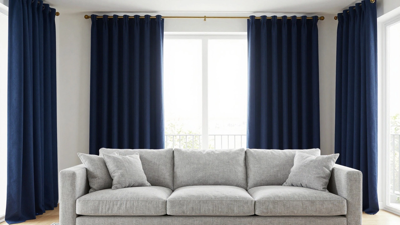 Light gray sofa with contrasting navy blue curtains in a modern room