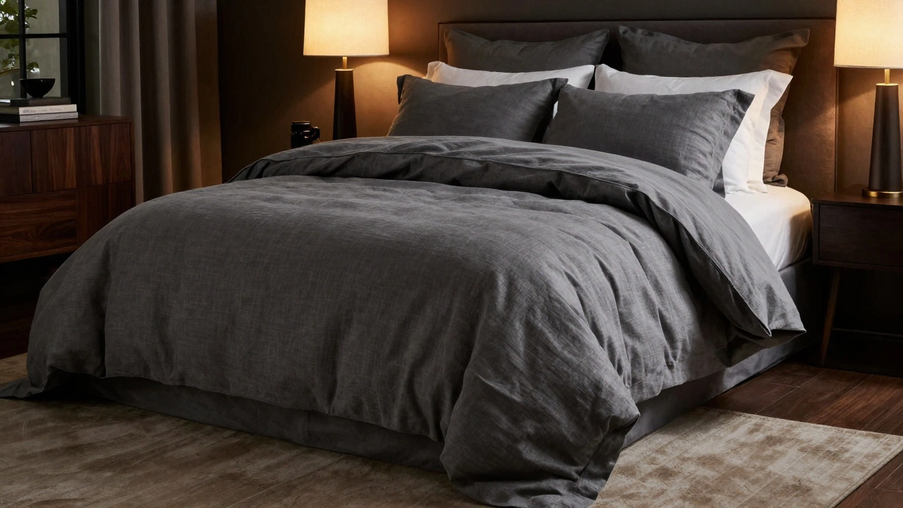 Luxurious bed with an oversized duvet draping elegantly over the sides.