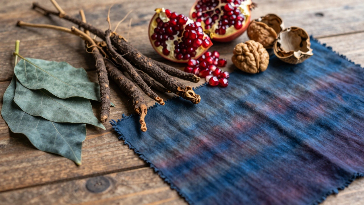 Natural dye ingredients like indigo and madder root beside a textured dyed rug swatch