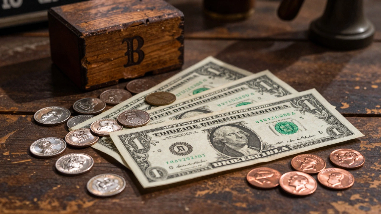Silver coins, greenbacks, and a wooden cash box on a rustic wooden table.
