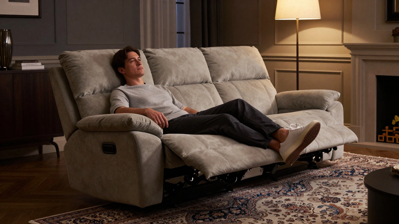 Sleek power-reclining sofa in a cozy, dimly lit British living room