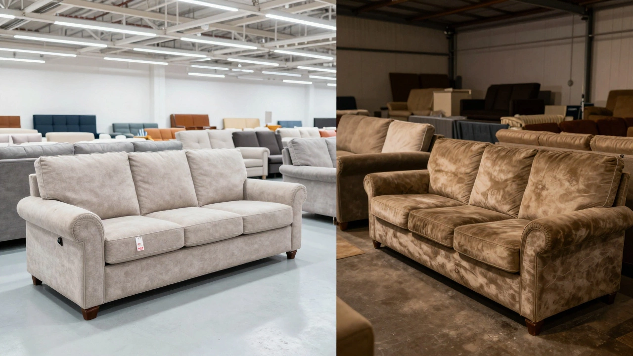 Split view comparing a new sofa in a showroom vs a used one in a garage