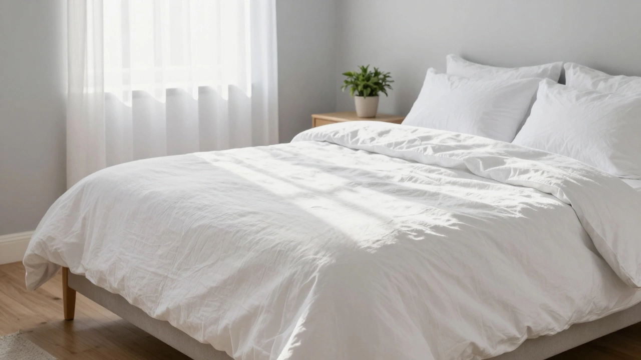 Sunlit bedroom with a neatly made bed featuring textured white linen sheets.