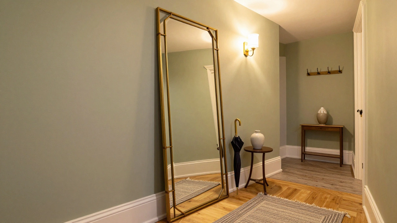 Tall brass-framed full-length mirror in a stylish entryway