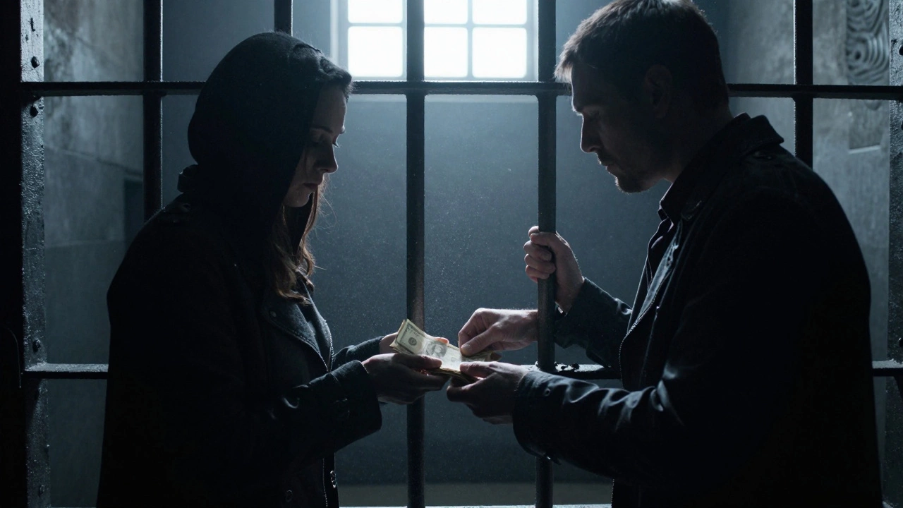 Two men secretly exchanging cash in a dark Victorian prison cell