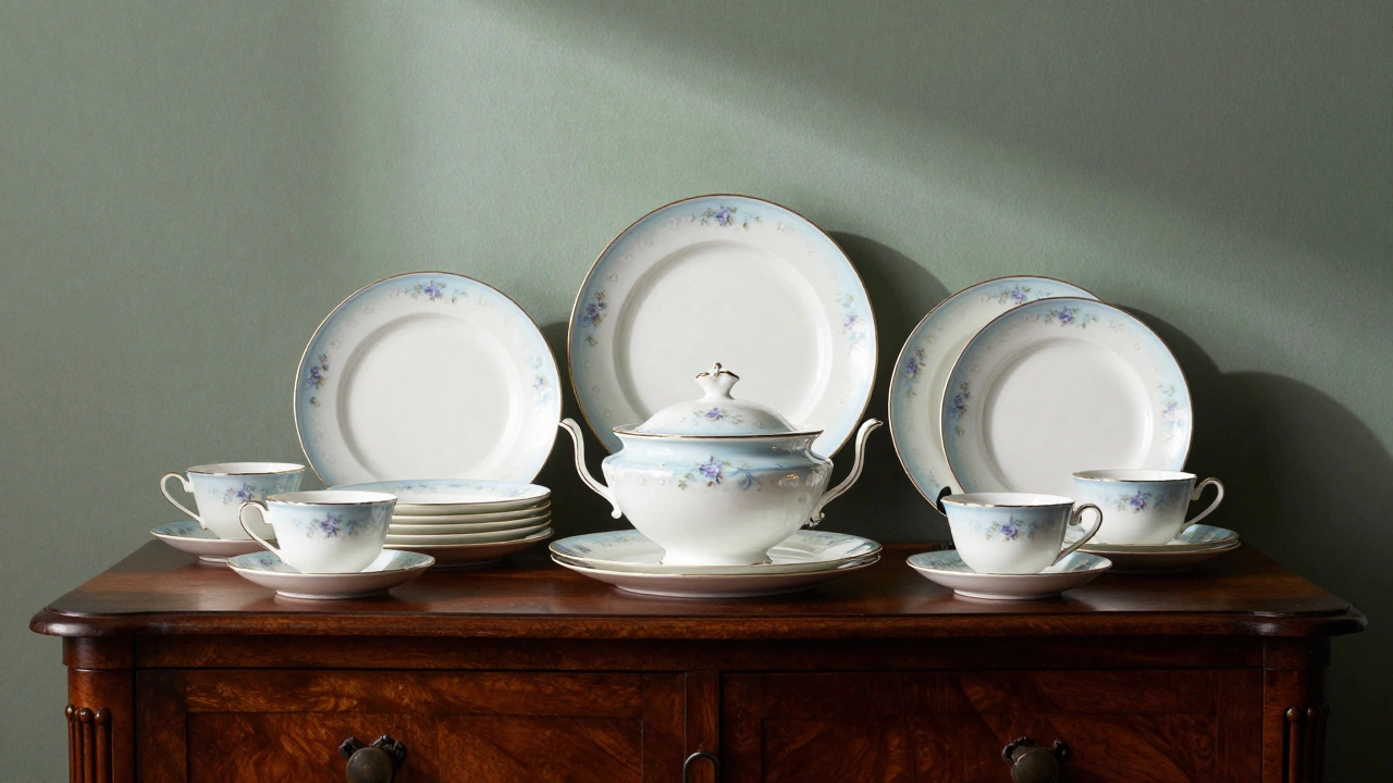 Vintage bone china service for six displayed on a wooden sideboard