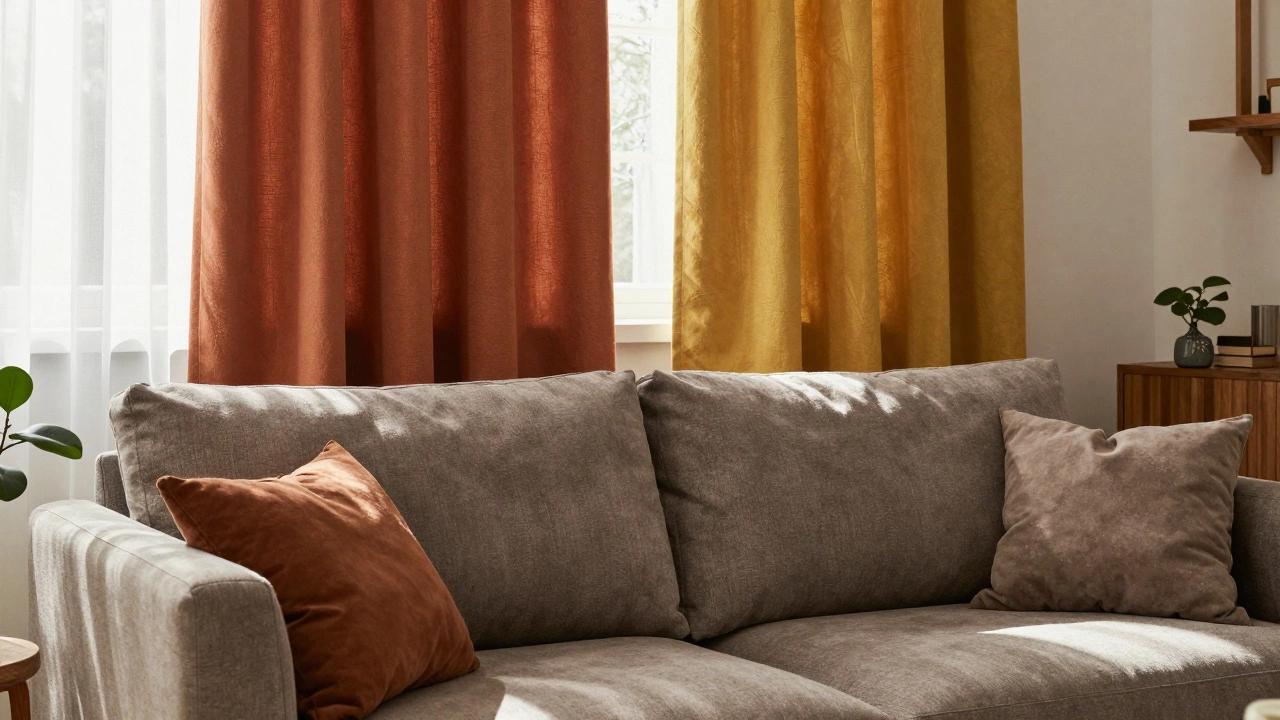 Warm gray couch styled with terracotta and mustard curtains for coziness