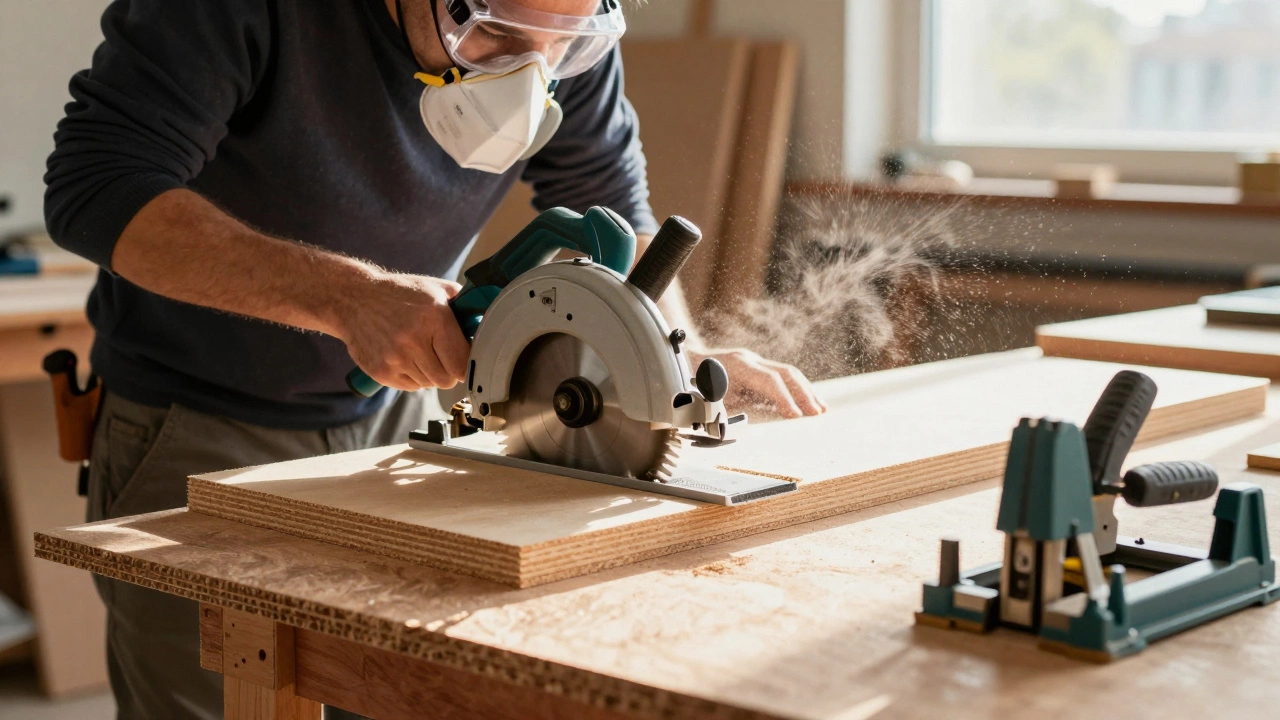 Woodworker wearing a respirator cutting MDF, with sealed edges nearby.