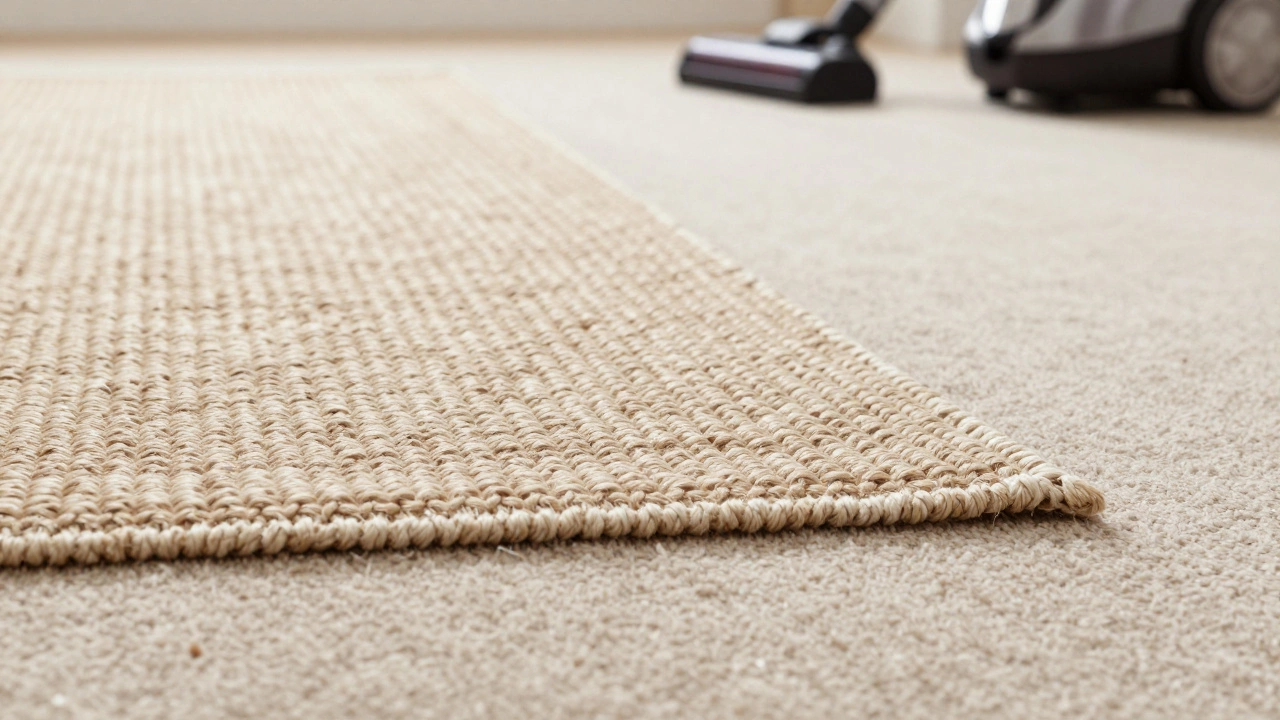Close-up of flatweave rug edge secured on plush carpet without tripping hazard