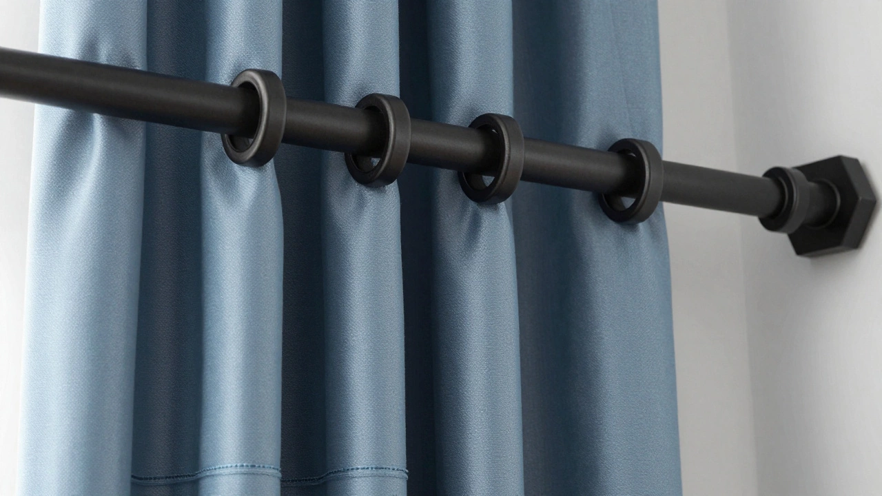 Close up of matte black rod and silk blend drapes