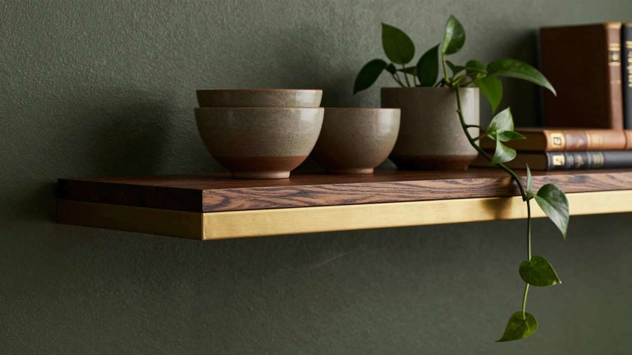 Close-up of mixed-material floating shelves with ceramics and greenery.