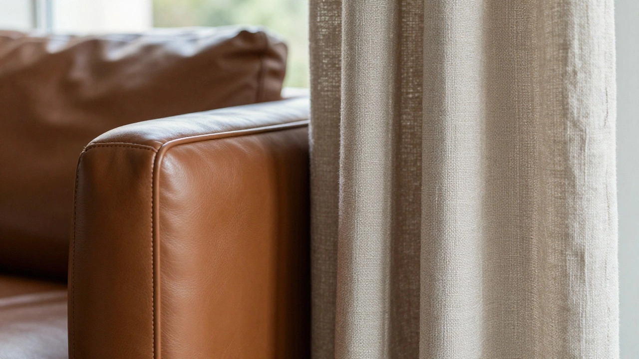 Close-up of smooth leather sofa next to textured linen curtain fabric