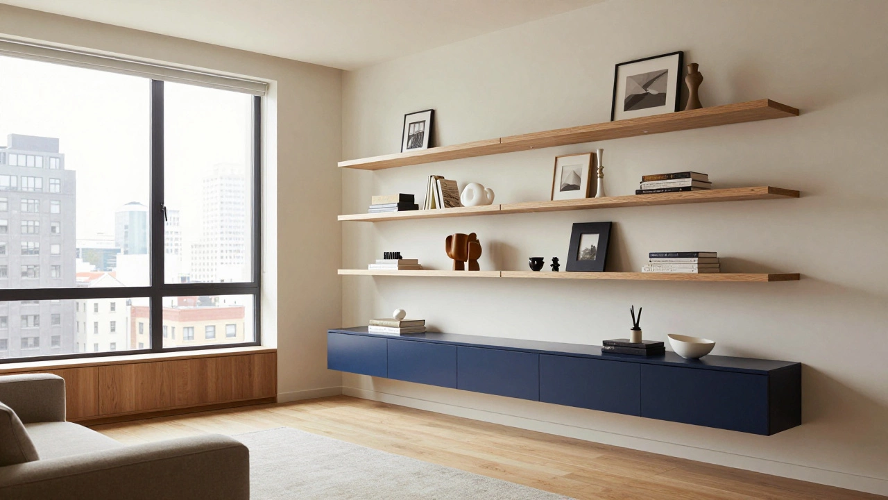 Compact apartment using varied floating shelves for stylish vertical storage.