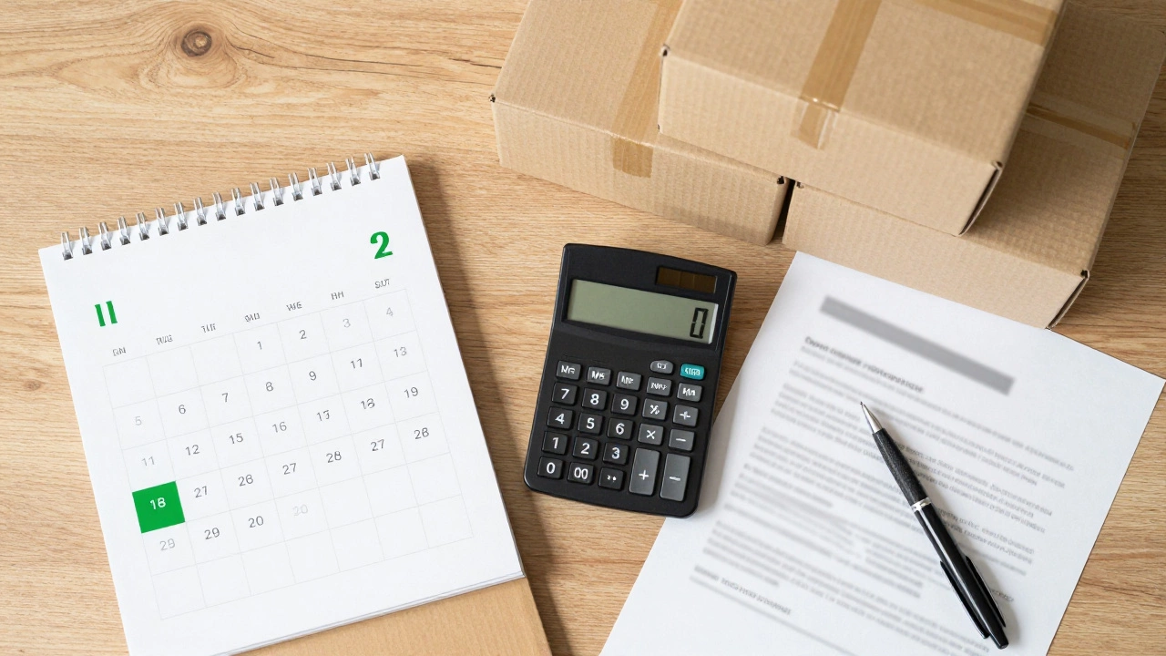 Desk scene with calendar, calculator, and boxes illustrating storage savings