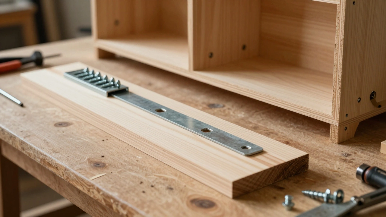 DIY comparison: simple shelf kit materials vs complex cabinet parts on bench