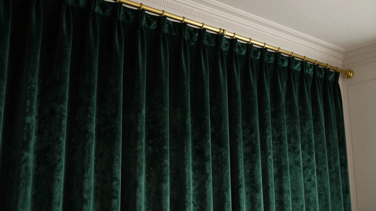 Floor-to-ceiling emerald velvet curtains on brass rod