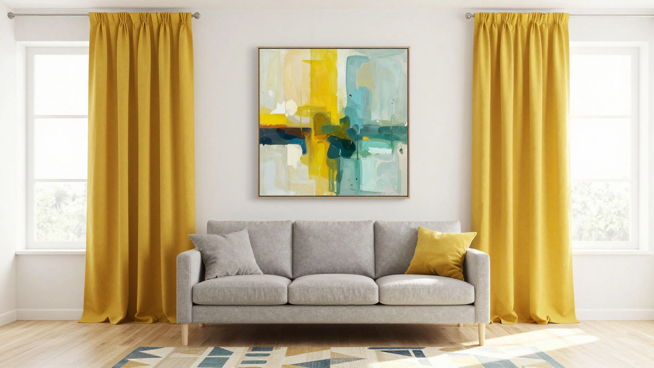 Grey sofa with mustard curtains coordinating with colorful wall art