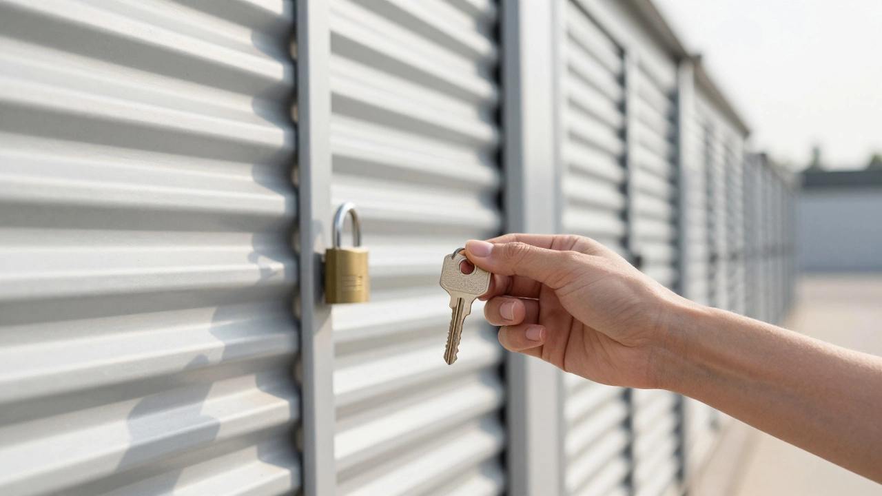 Hand holding keys and padlock in front of an empty storage unit door