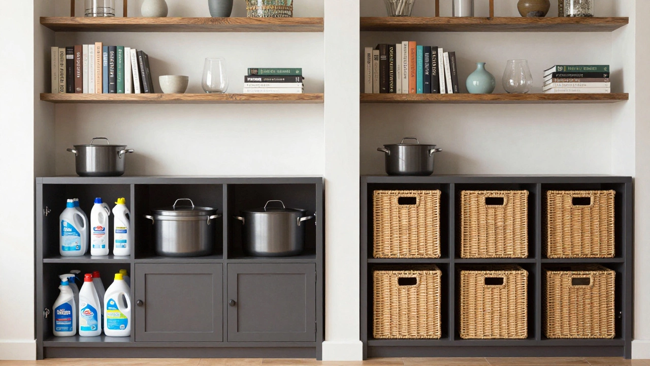 Hybrid storage: base cabinets below and decorative floating shelves above