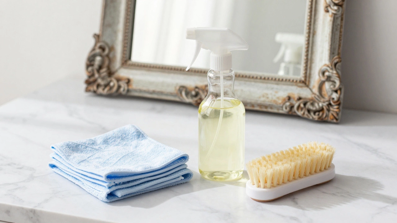 Microfiber cloth and vinegar cleaner next to an antique mirror