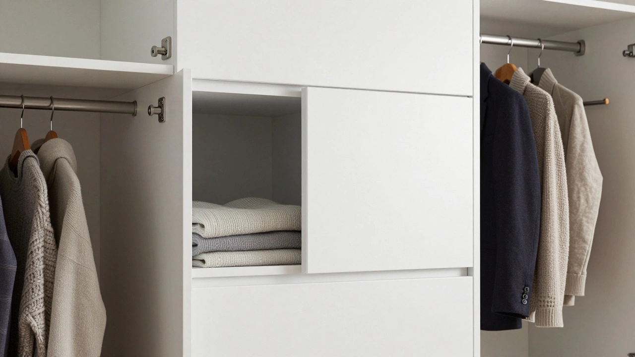 Modern white wall units and open clothes rack in a tidy German apartment