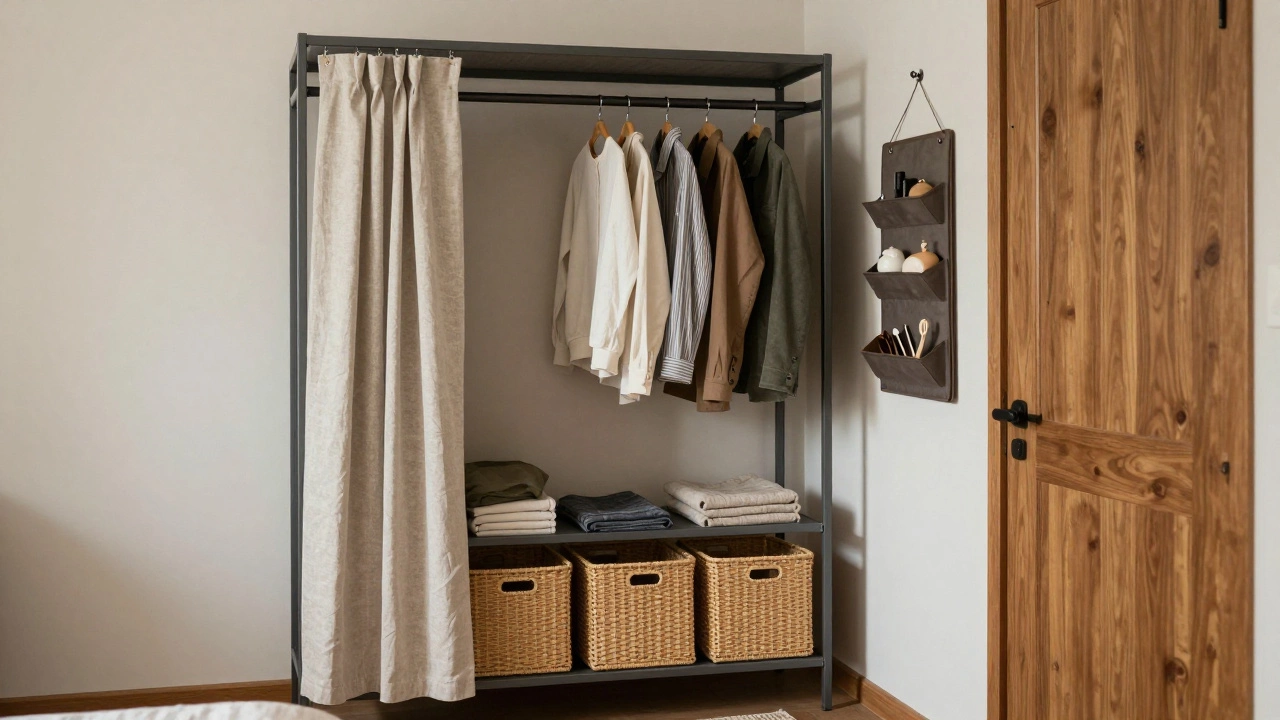 Open clothing rack with curtain and baskets organizing a bedroom corner