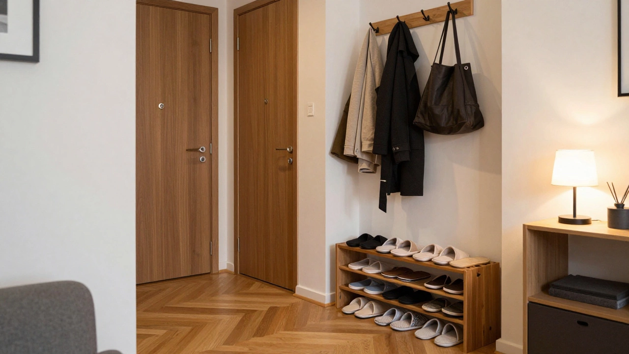 Organized entryway with shoe rack and coat hooks in a compact German home