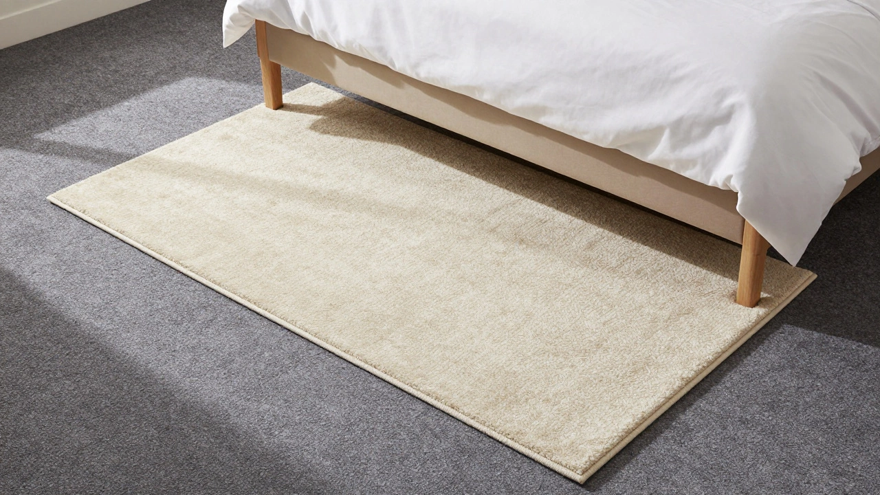 Overhead view of low-pile wool rug beside bed on grey carpeted floor