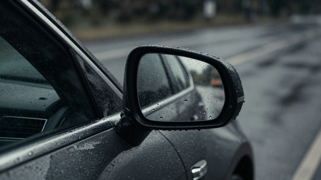 Rain-splattered car side mirror reflecting a blurred view
