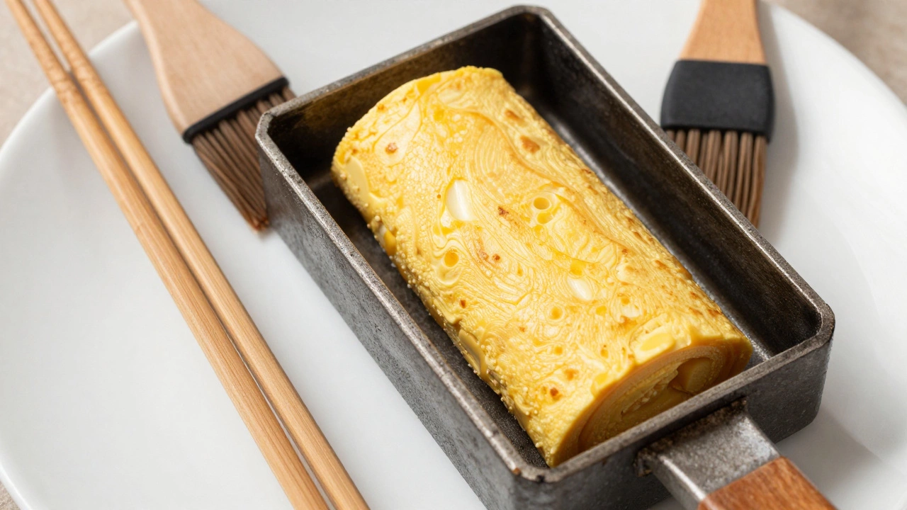 Rectangular tamagoyaki pan with a golden rolled egg omelet