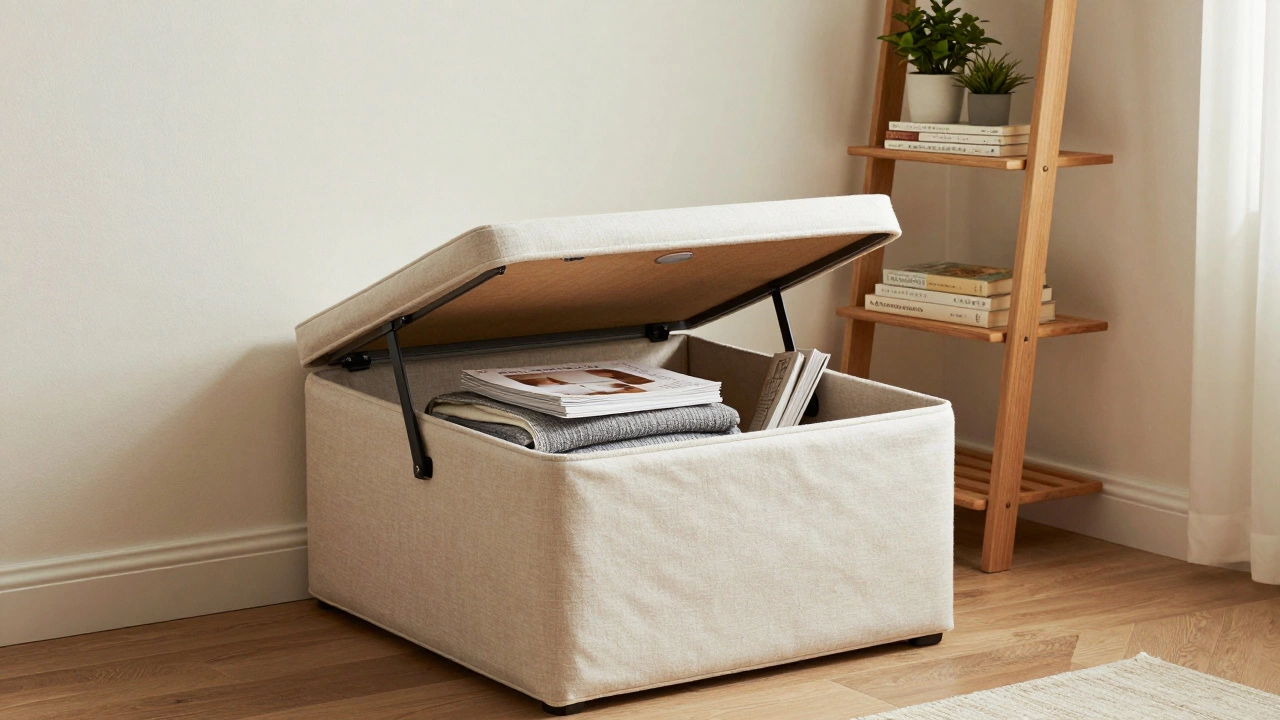 Storage ottoman and corner ladder shelf in a tidy small home