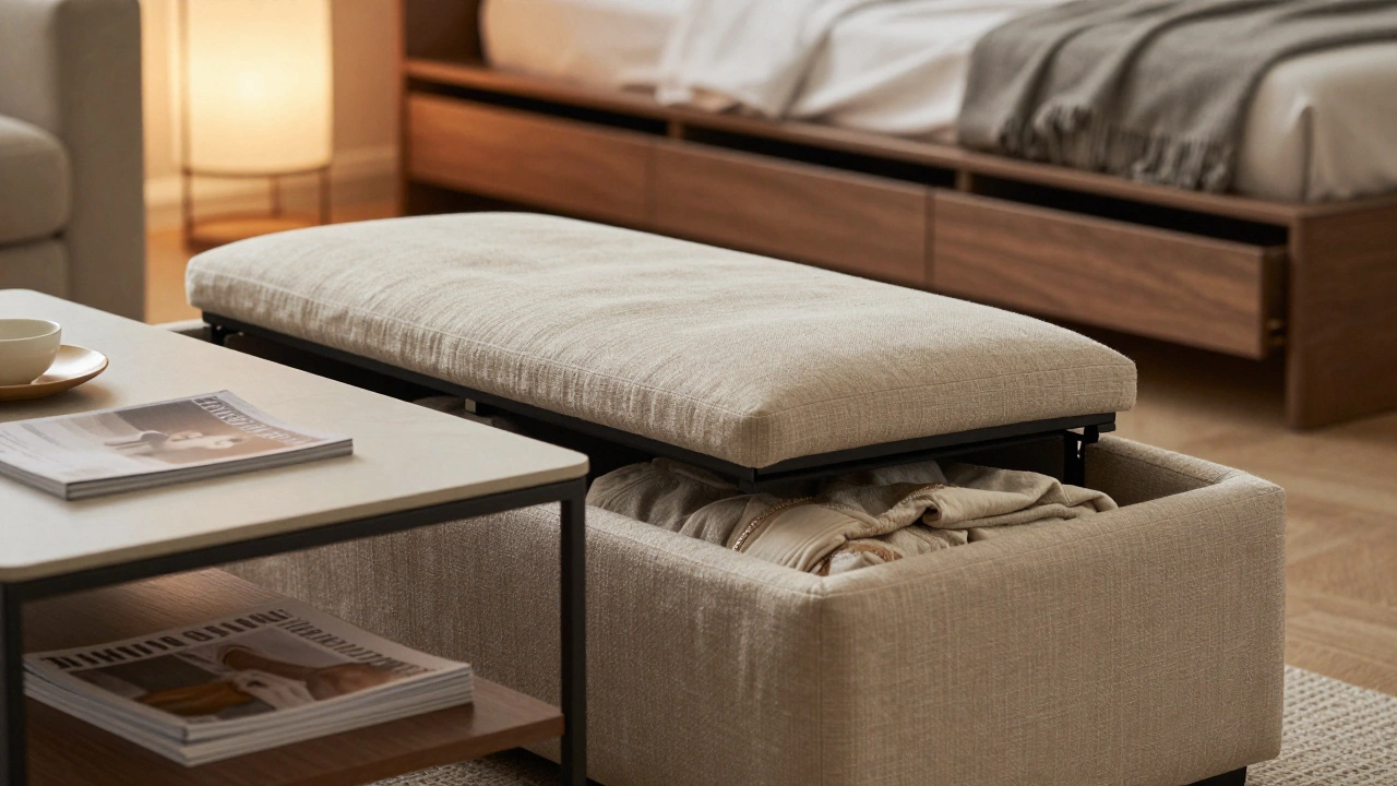 Storage ottoman and lift-top coffee table hiding clutter in a living room