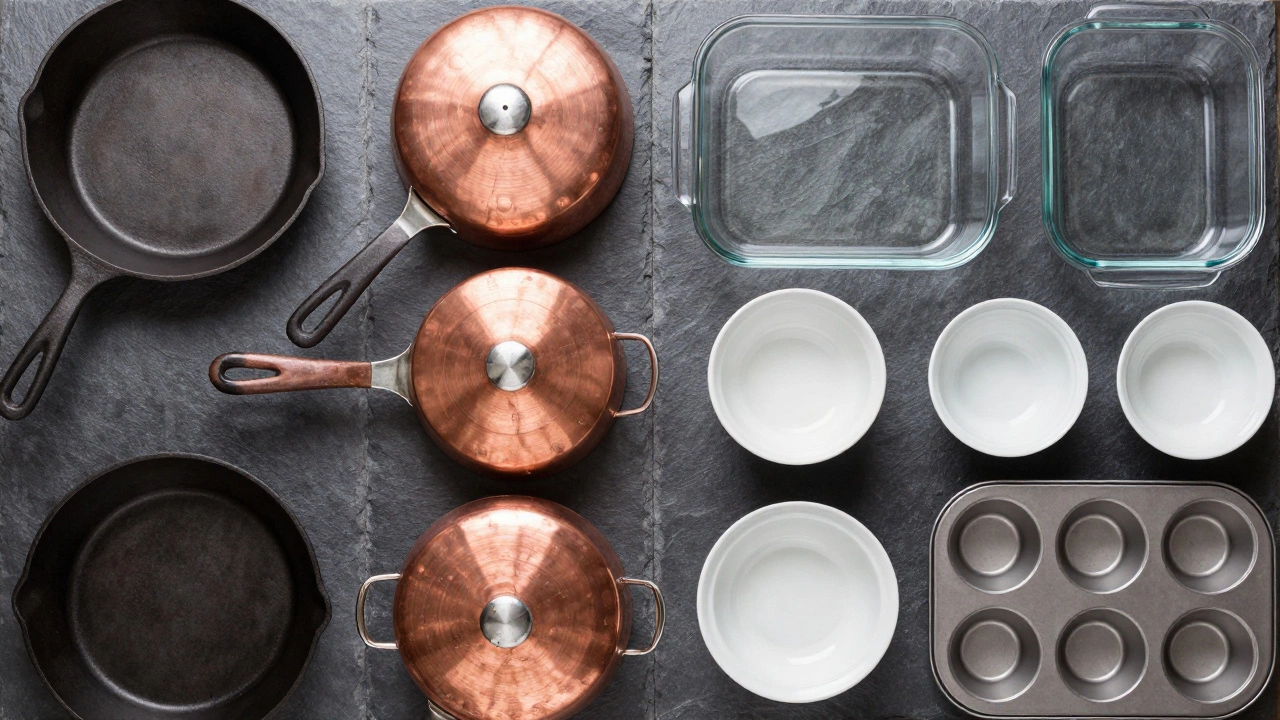 Top-down view of cast iron cookware and glass bakeware arranged on slate